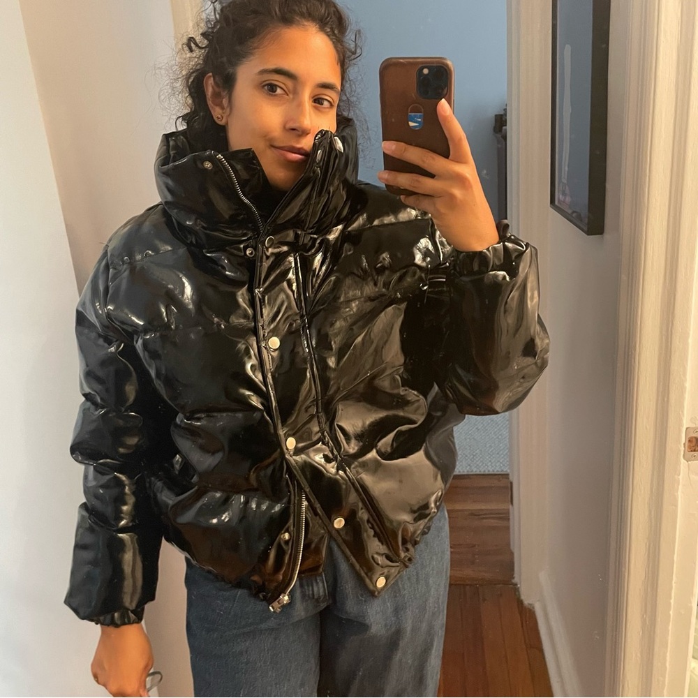 Glossy faux leather puffer